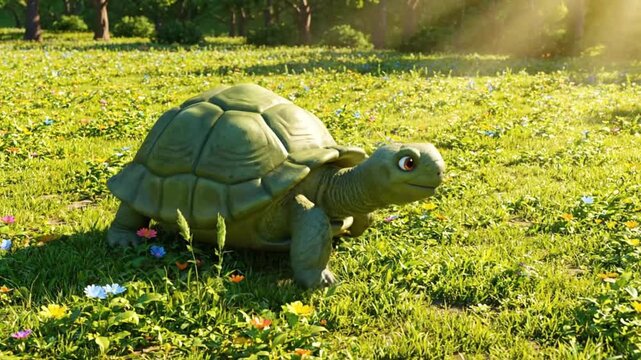 A happy tortoise with a green shell walks through a vibrant green meadow filled with various colorful small flowers under a bright sunlit sky with trees in the distance