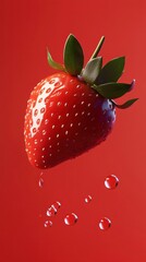 Fresh Red Strawberry with Water Droplets on Vibrant Red Background