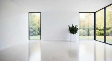 Fototapeta premium Minimalist Interior with Black Framed Windows and Potted Plant, Bright and Clean
