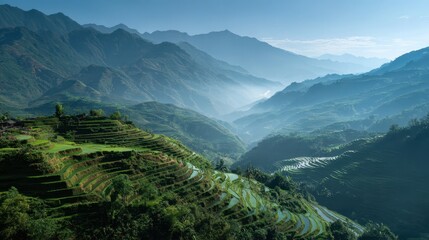 Fototapeta premium Lush Green Terraced Rice Fields in Misty Mountain Valley.