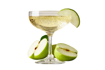 Sparkling apple cocktail in a coupe glass, garnished with apple slices
