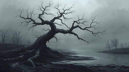 Lonely leafless tree with twisted branches standing near foggy water on dark winter landscape, mysterious eerie atmosphere with dramatic mood for backdrop wallpaper design