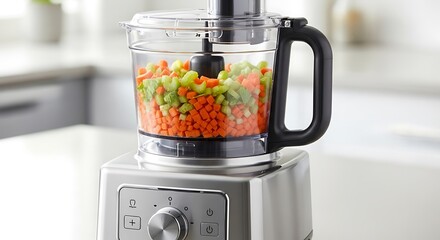 Modern food processor showcasing chopped celery and carrots inside bowl