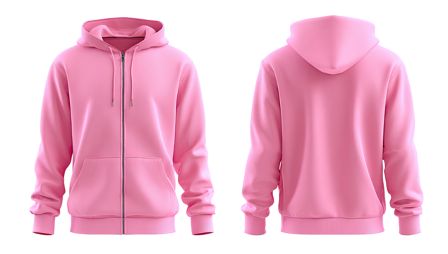 Full shot of a pale pink zip-up hoodie, front and back views