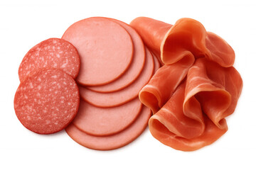 Sliced cured meats—salami, sausage, ham—arranged artfully against transparent surface, highlighting culinary craftsmanship