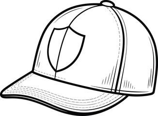 Baseball cap illustration with shield logo, black and white vector hat drawing, casual headwear sketch, fashion accessory line art, isolated image