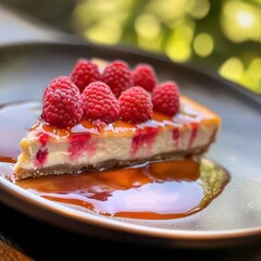 Delicious raspberry cheesecake slice with glossy caramel glaze