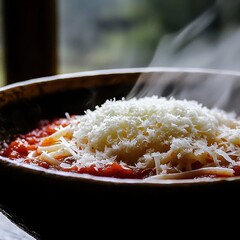 Fresh Pasta with Tomato Sauce and Grated Cheese in Rustic Bowl