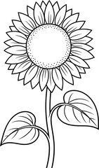 Black and white line art illustration of a sunflower with simple petals and leaves, botanical drawing, nature inspired, floral design, coloring page, minimalistic flower artwork.