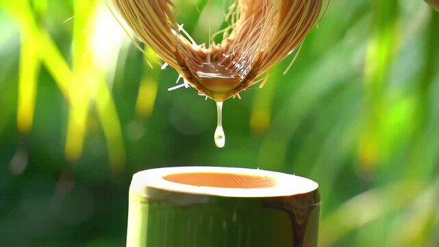 A single golden drop of pure natural elixir dripping from a fibrous plant source into a fresh green bamboo cup
