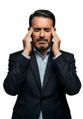 Fototapeta premium A man in a suit appears to be experiencing a headache. His eyes are closed, and he is touching his temples, isolated on transparent background