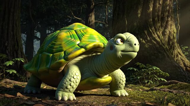 A stylized green and yellow shelled creature with closed eyes walks on a forest floor surrounded by large trees and lush foliage under dappled light