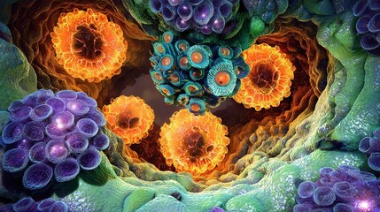 An abstract microscopic view inside a cell with glowing pathways and new traffic patterns of luminous proteins.