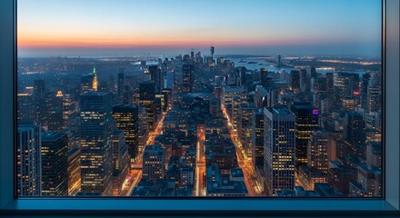 Panoramic City Skyline at Dusk through a Window