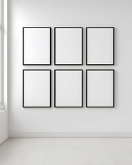 Symmetrical arrangement of six empty vertical thin black poster frames for mockup.