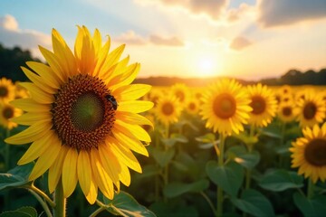 Fototapeta premium Golden hour sunlight bathes a vibrant field of ripening sunflowers, buzzing with bees, a quintessential summer harvest scene , rural, pollination