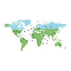 Fototapeta premium World map illustration showing the distribution of bats across continents, with green indicating bat habitats and blue indicating areas where bats are less common.