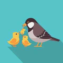 A stylized illustration of a bird feeding its three young.