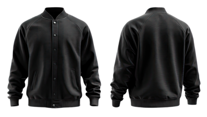 Front and back view of a black bomber jacket.  Rounded  cuffs,  button closure.  Classic  style