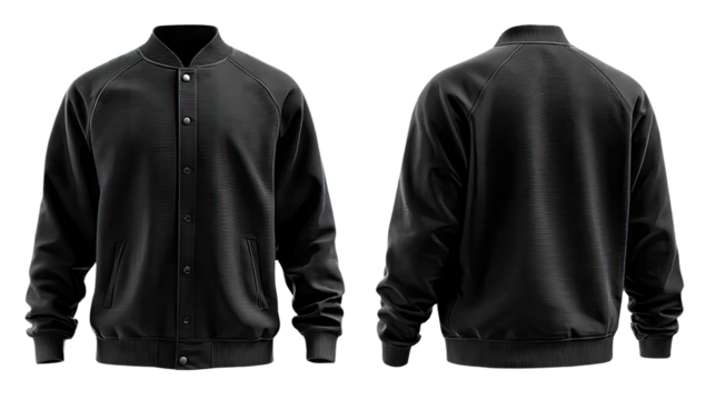 Front and back view of a black bomber jacket.  Rounded  cuffs,  button closure.  Classic  style
