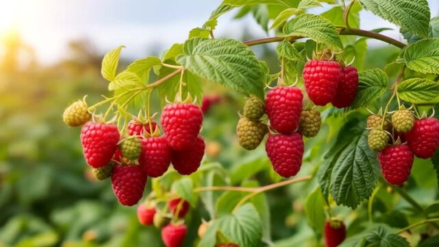 Close-up of a raspberry bush branch laden with ripe red and developing green raspberries under the warm sunlight in a garden.