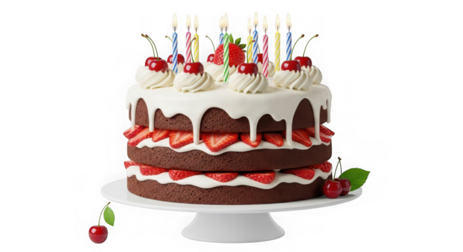 Twotiered chocolate birthday cake with strawberries, cherries, and candles isolated on transparent background