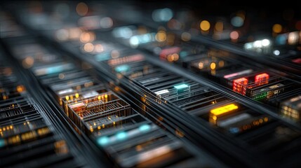 Artificial intelligence in strategic pricing applications concept. Close-up view of illuminated server racks in a data center.