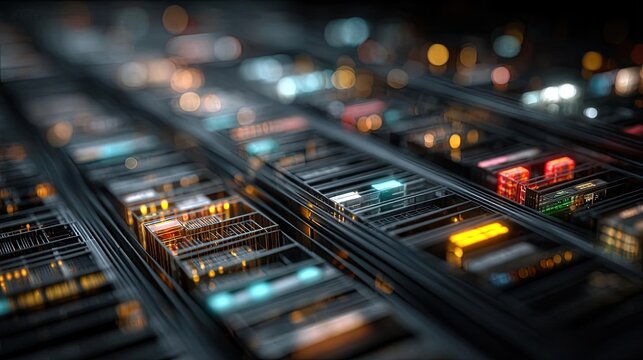 Artificial intelligence in strategic pricing applications concept. Close-up view of illuminated server racks in a data center.