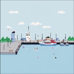 Fototapeta premium Colorful pixel art harbor scene with boats, buildings, and nature