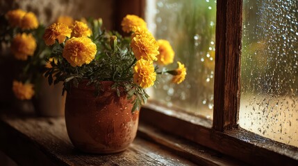 Marigolds in a Pot on a Rainy Window Sill.