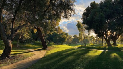 Obraz premium Scenic Golf Course Landscape with Lush Green Fairway and Distant Mountains.