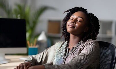 A realistic office scene of a woman pausing at her desk, closing her eyes with a gentle smile while taking three deep breaths