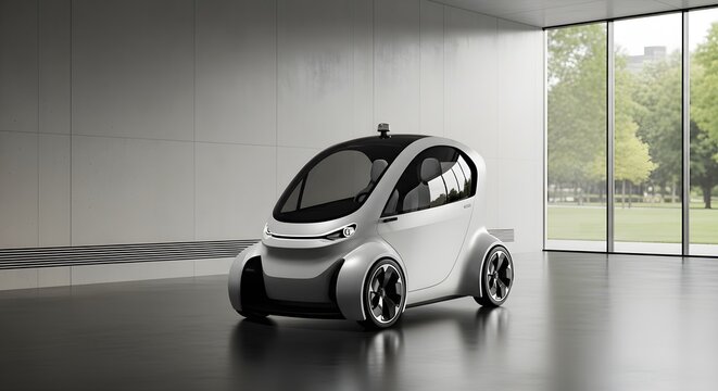 Autonomous Electric Microcar in Modern Showroom with Park View - Powered by Adobe