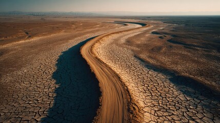 Fototapeta premium Dried lake and river in hot summer season concept. Aerial view of a winding dirt road through a cracked landscape.