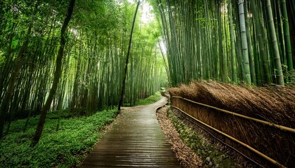 Fototapeta premium Bamboo Forest Path With Winding Trail Surrounded By Greenery