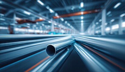 Fototapeta premium A modern steel pipe production facility showcasing the movement of polished metal tubes through a brightly lit industrial space.