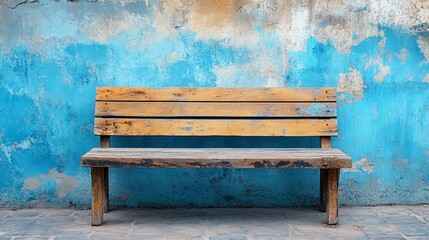 Rustic charm, Weathered wooden bench against a vibrant blue wall