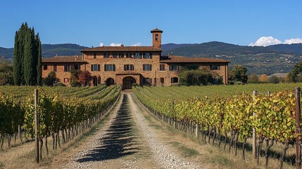 Scenic Tuscan Vineyard Estate with Rolling Hills and Clear Blue Skies