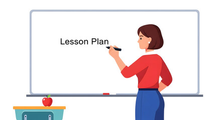 Teacher writing lesson plan on whiteboard in classroom setting education concept
