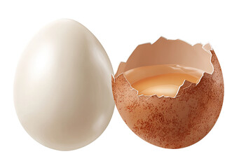 Two eggs, one whole, one cracked open, revealing yolk