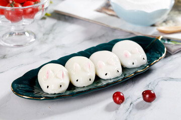 Cute Bunny Pudding Desserts on Teal Plate - Sweet Easter Treats for Kids Party
