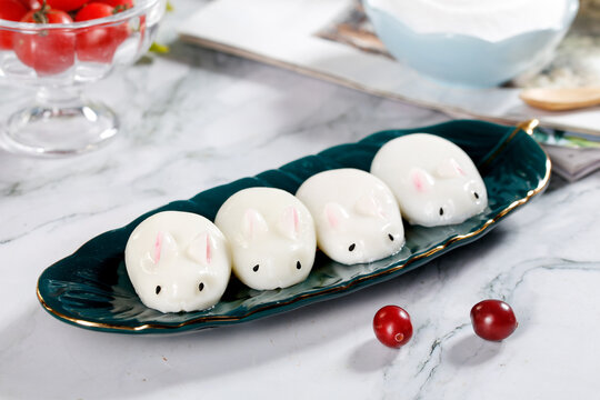Cute Bunny Pudding Desserts on Teal Plate - Sweet Easter Treats for Kids Party