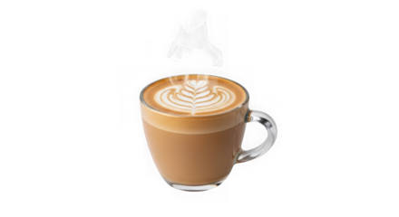 Steaming hot latte with intricate foam art in a clear glass mug, isolated on transparent background