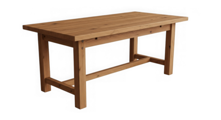 Sturdy wooden dining table with a rustic design, isolated on transparent background