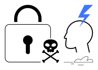 Locked padlock alongside skull and crossbones near human head with lightning bolt emphasizing risk, danger, or security issues. Ideal for cybersecurity, hacking danger, hacking resilience, mental