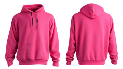 Front and back view of a vibrant hot pink hoodie.  Features a drawstring hood and relaxed fit