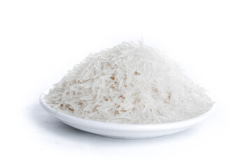 White Basmati Rice Grains on Plate Isolated on White Background for Food Photography