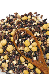 Assorted Grains Cereals Soybeans and Legumes Mix with Wooden Spoon - Healthy Natural Food Ingredients