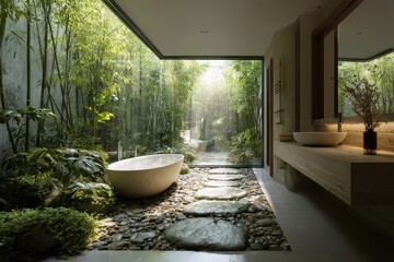 Fototapeta premium Serene Bathroom Oasis - A Blend of Nature and Modern Design.