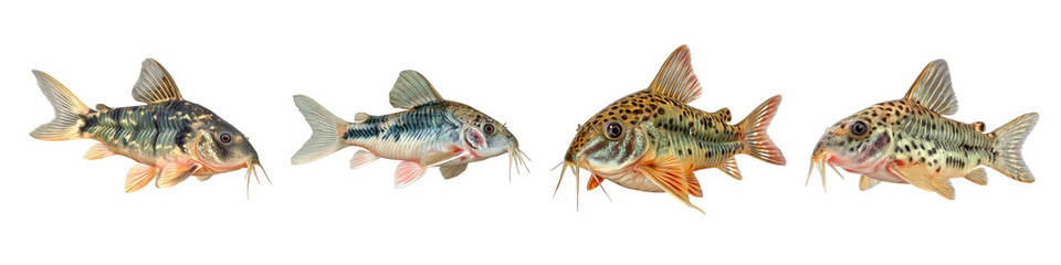 Fototapeta premium Four Corydoras Catfish Showing Diverse Colors and Patterns isolated on transparent background.